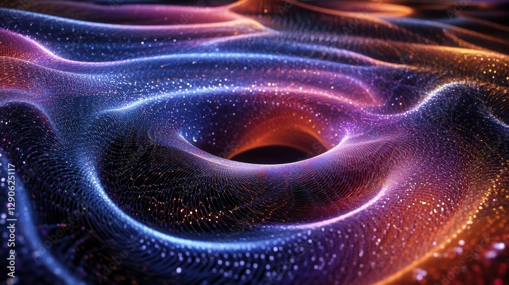 Poster a mesmerizing 3d visualization of a superstring theory universe, where tiny vibrating strings create