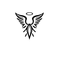 Minimalist Black Angel: A Graphic Representation of Wings, Halo, and a Central Motif.