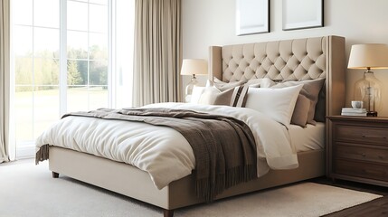 Stylish minimalist bedroom illuminated by sunset tones and tranquility