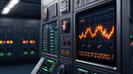 peak energy demand concept. Control room with screens displaying data graphs and analytics.
