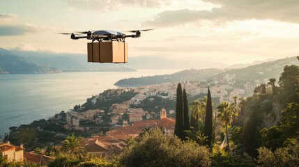Drone flying over a coastal town, carrying fresh seafood in a climate-controlled package
