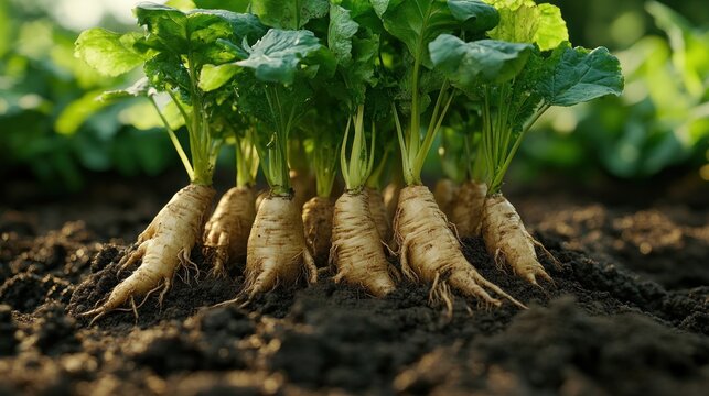 Fresh parsnips growing in rich soil, field background