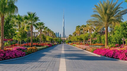 Obraz premium The Dubai Miracle Garden in full bloom, showcasing vibrant flowers, themed displays, and creative floral designs set against the clear blue skies of Dubai s desert landscape