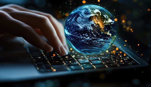 Global connection, hands typing on laptop, Earth hologram, glowing lights background