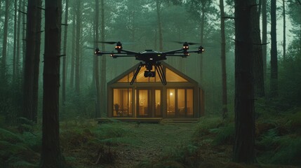 Drone using AI navigation to drop off a food parcel at a remote cabin in the woods