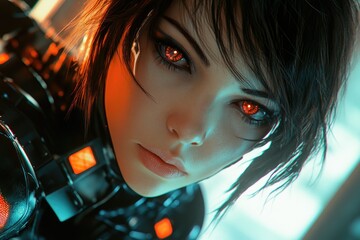 Girl in futuristic armor with glowing red eyes and digital interface elements.