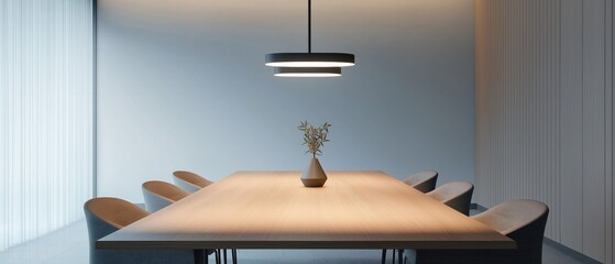 Obraz premium Modern dining room with a long wooden table in the center. the table is surrounded by six gray chairs with a curved backrest. above the table, there is a black pendant light hanging from the ceiling.