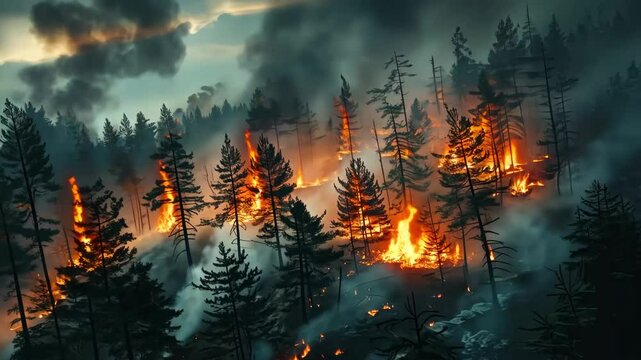 Burning forest. Raging fire devouring the night forest. AI-generated item
