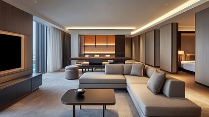 Elegant hotel suite featuring a separate living area, luxurious furniture, and modern design