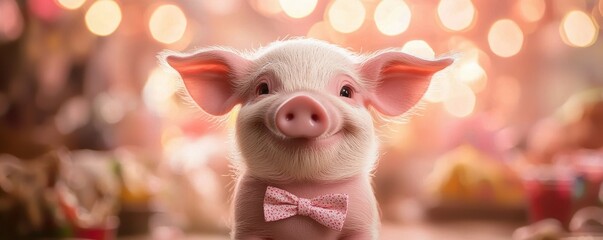 National pig day with cute and playful idea. Cute pig wearing a bowtie with a festive background.