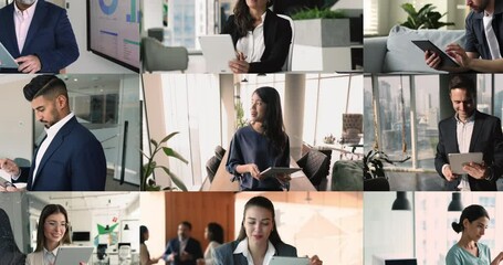 Zoom-out collage view diverse people using tablet devices for business, fun, education and leisure. Internet connection and modern wireless technology everyday usage, digital worldwide communication