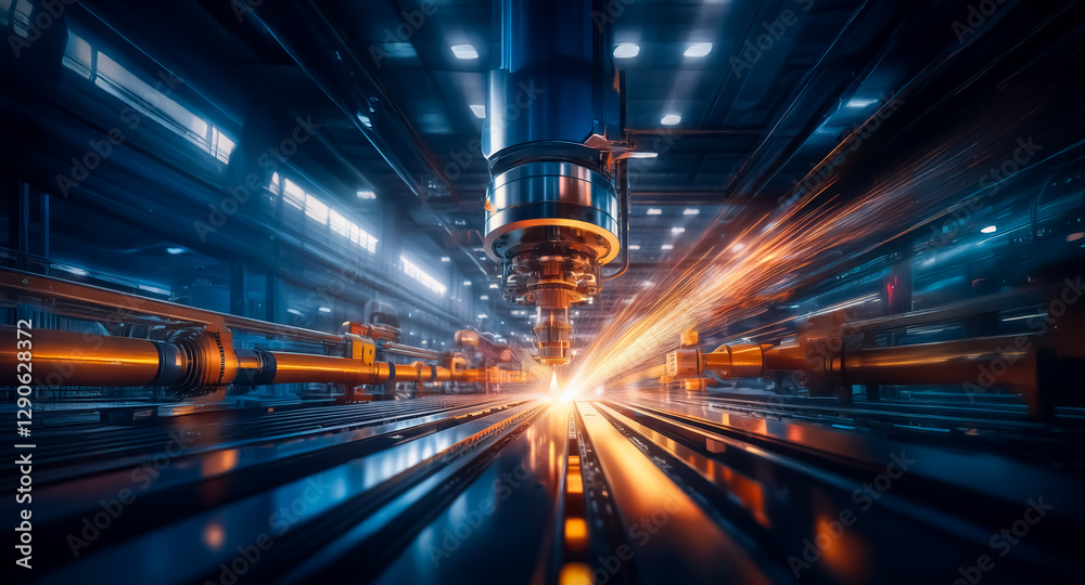 Leinwandbilder a powerful industrial machine precisely cuts metal in a factory, generating bright sparks. robotic a