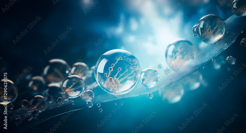 Poster macro view of water droplets clinging to a textured surface with a soft, blurred blue backdrop. the 