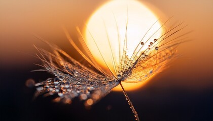 Obraz premium Macro shot of a dandelion seed covered in tiny water droplets, each droplet reflecting the soft, warm hues of a sunrise, creating a peaceful, delicate atmosphere.