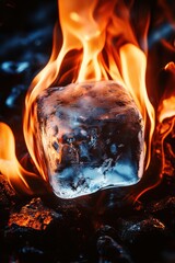 Ice and Fire Contrast: Fiery Flames Engulfing Frozen Ice Cube in Dynamic Fusion