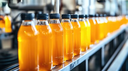 Glass juice bottles undergoing automated quality checks in an industrial beverage plant