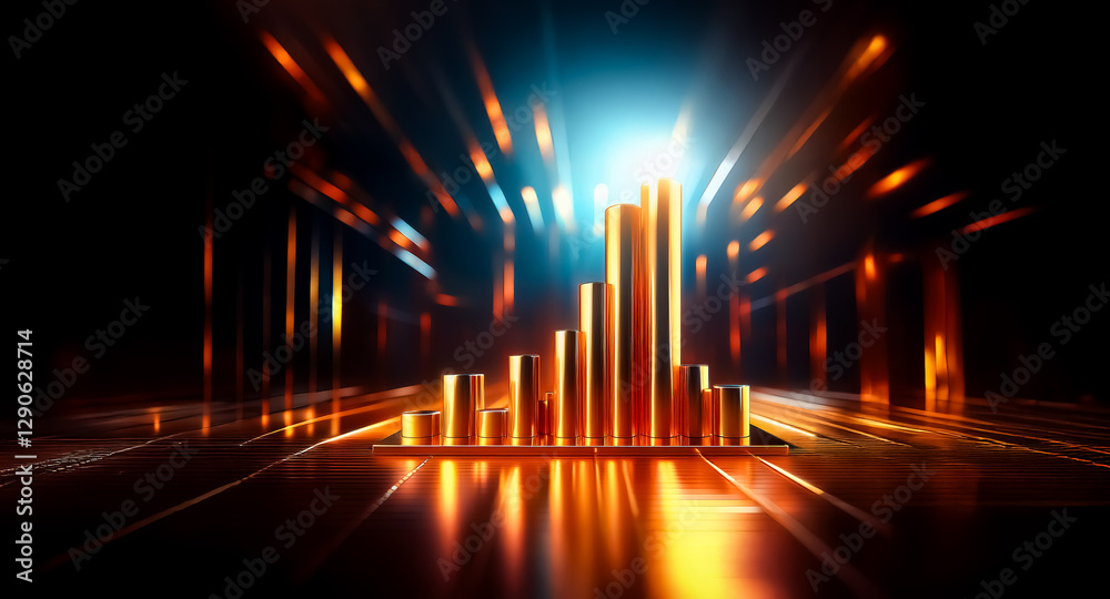 Poster abstract golden columns of varying heights stand out against a dark backdrop with bright streaks of 