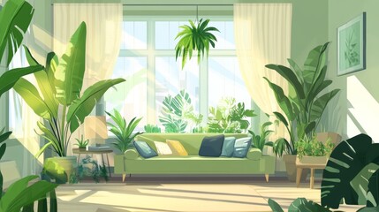 Fototapeta premium Cozy Green Living Room With Natural Light and Indoor Plants Creating a Refreshing Atmosphere in a Contemporary Home Setting