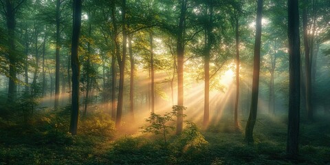 Obraz premium A tranquil forest scene with sunbeams piercing through the tree canopy.