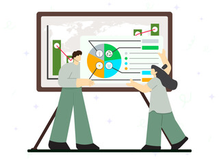 Management of renewable energy concept. A man and woman holding screen distribution of using  sustainbility resources on pie charts and graphs. Green economy, natural energy resources. 