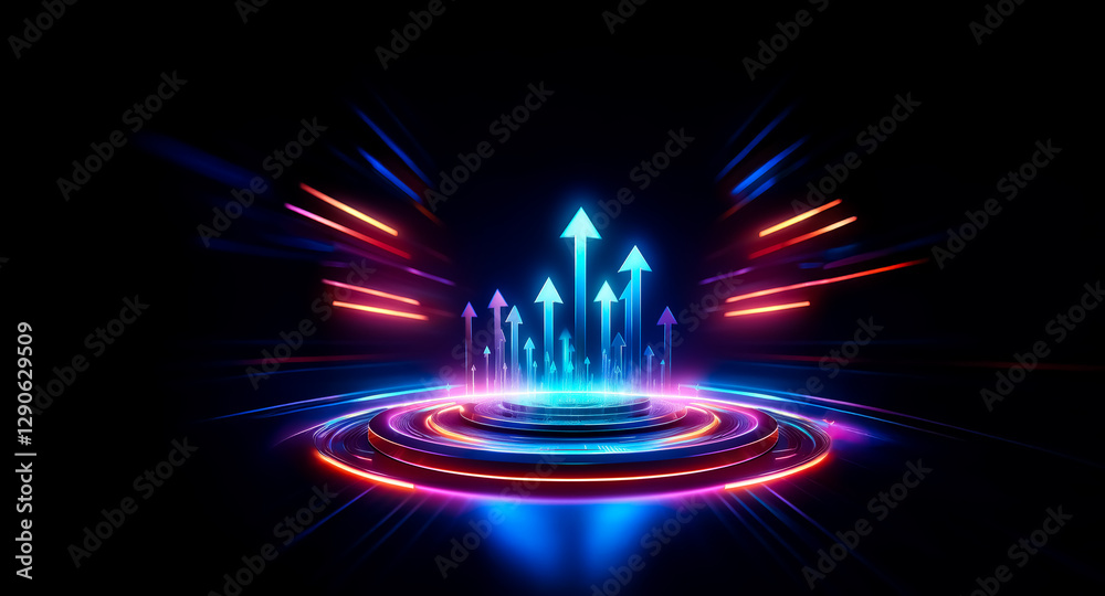 Poster Abstract digital art featuring vibrant neon arrows rising from a circular platform on a dark backdrop, symbolizing growth and progress with dynamic light trails.
