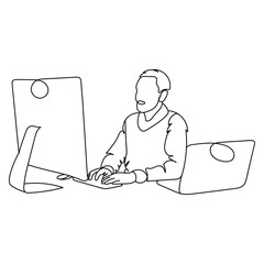 Dessin en ligne continue d'un homme travaillant sur un ordinateur, line art, vecteur