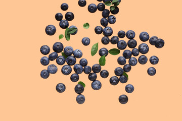 Flying sweet fresh blueberries and leaves on orange background