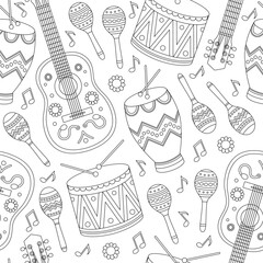 Contour seamless pattern with guitars, drums, drumsticks, maracas and notes. Outline musical instruments for Brazil carnival, music festival. Vector illustration for wallpaper, textile, packaging