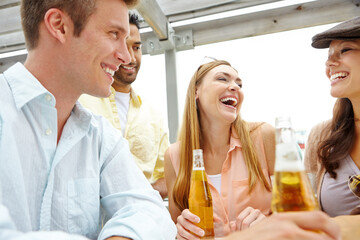 Beers, people and friends in restaurant, funny and bonding together with reunion. Group, alcohol and friend service with man, women and conversation with smile, chatting and happy hour with humor