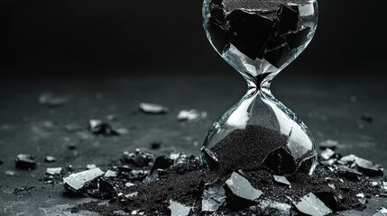 Broken hourglass, time running out, dark background, shattered glass