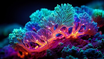 Obraz premium Macro shot of a coral fragment, glowing with neon fluorescence under UV light, revealing vibrant, otherworldly colors in the dark.