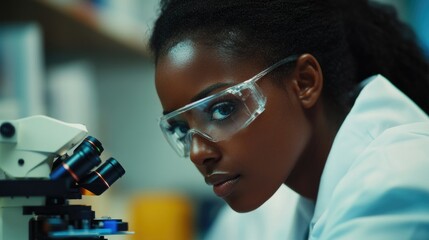 A female scientist working in a laboratory setting, using a microscope for research purposes.