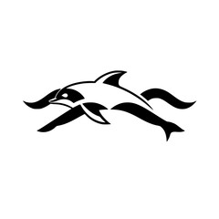 Stylized Black and White Dolphin Silhouette Swimming Against White Background.