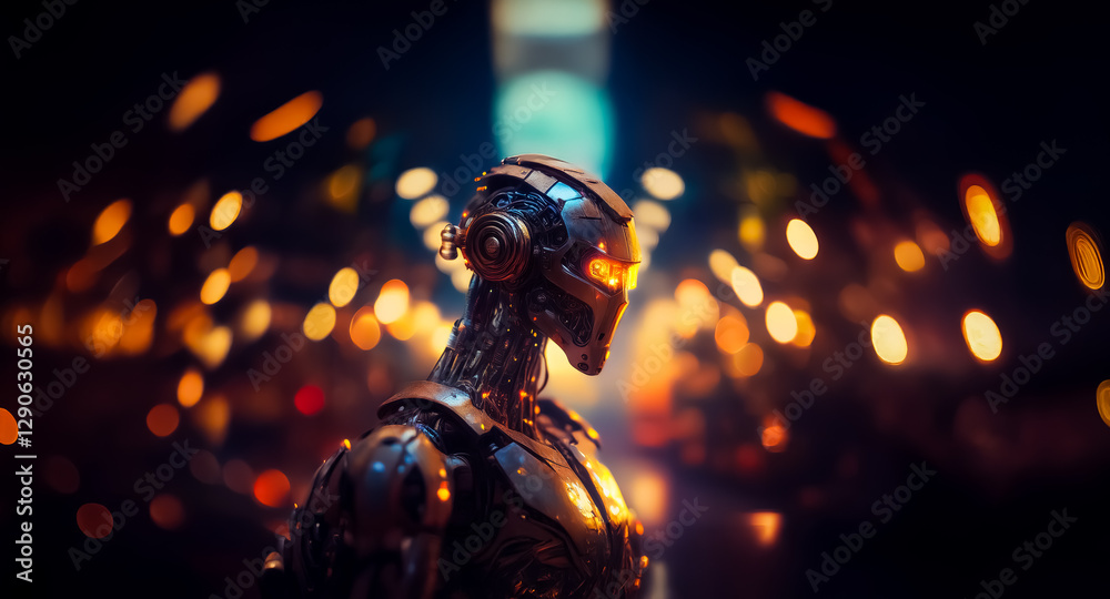 Aufkleber metallic figure with glowing eyes in a dark, bokeh light setting. futuristic and mechanical humanoid