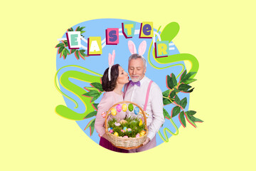 Creative picture collage retired pensioners couple spouse family together easter celebration kissing rabbit ears costume theme party