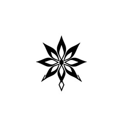 Geometric black and white minimalist star design with eight petals on a stark white background.