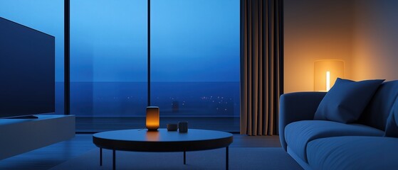 Modern living room with a large window that offers a beautiful view of the city at night. the room is furnished with a blue sofa on the right side and a black coffee table in the center.