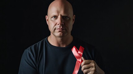 Serious Bald Man Holding Red Awareness Ribbon Dark Background Studio Portrait Strong Man Health Support Campaign Image head male face hope care help  