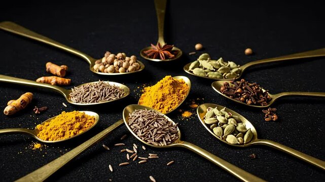 A vibrant arrangement of various spices in golden spoons on a dark backdrop