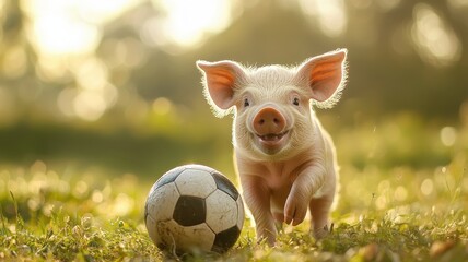 National pig day with cute and playful idea. Playful pig running towards a soccer ball in a sunny field.
