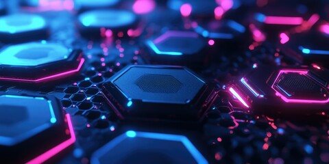 Fototapeta premium Neon lights on futuristic circuit board with abstract designs, pink and blue tones.