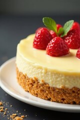 Creamy cheesecake surface, graham cracker crust detail, appetizing, homemade