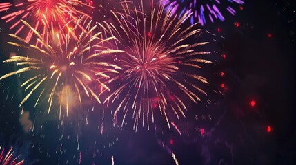 Fototapeta premium Vibrant fireworks display against dark night sky symbolizing new beginnings, dynamic burst of light captured with wide-angle lens, ample copy space for text or design elements.