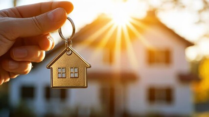 A hand holding a golden house keychain with a sunlit home in background. - Powered by Adobe