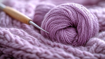 Purple yarn, knitting needles, and knitted fabric