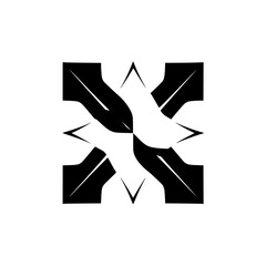 Black and white geometric symmetrical logo depicting four opposing black arrow-like shapes on white background, stylized and clean.