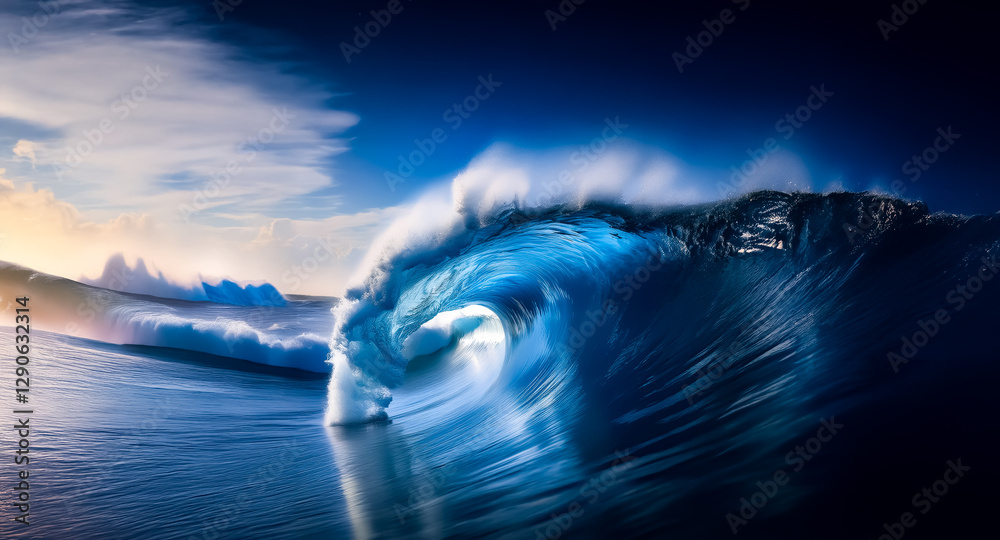 Aufkleber a large wave curls in the ocean, showcasing the power of nature. deep blue water and a dramatic sky 