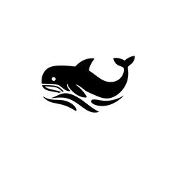 Simple, minimalist black and white icon of a whale breaching the water, stylized, isolated on white.