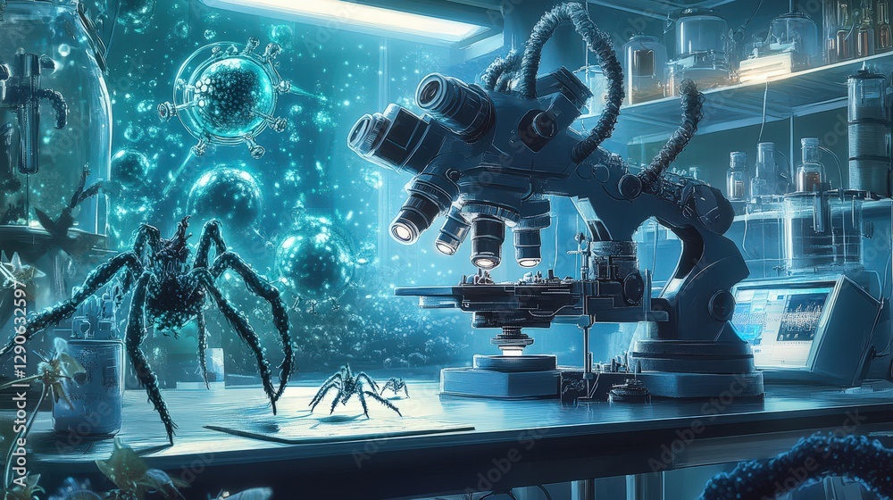 Poster a nanotechnology lab where scientists are using high-powered microscopes to observe and manipulate t