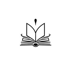 Open Book with Stylized Leaves and Drop, Black and White Illustration, Symbolizing Education and Knowledge.